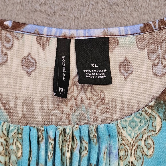 New Directions Womens XL Boho Damask Ikat Print Pleated Neck 3/4 Sleeve Top Blue - Picture 4 of 5